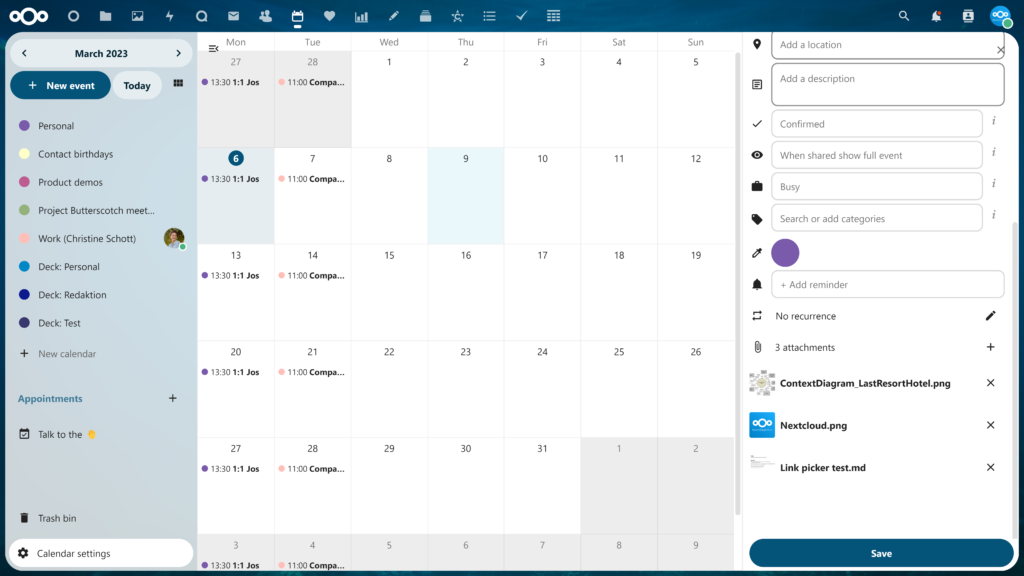 calendar attachments list